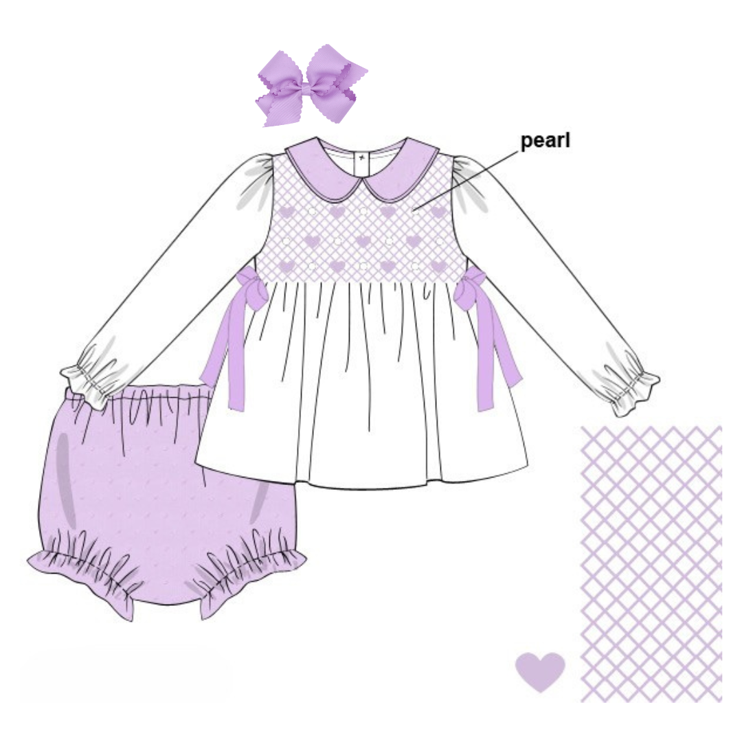 LAVENDER SMOCKED HEARTS SWISS DOT DIAPER SET