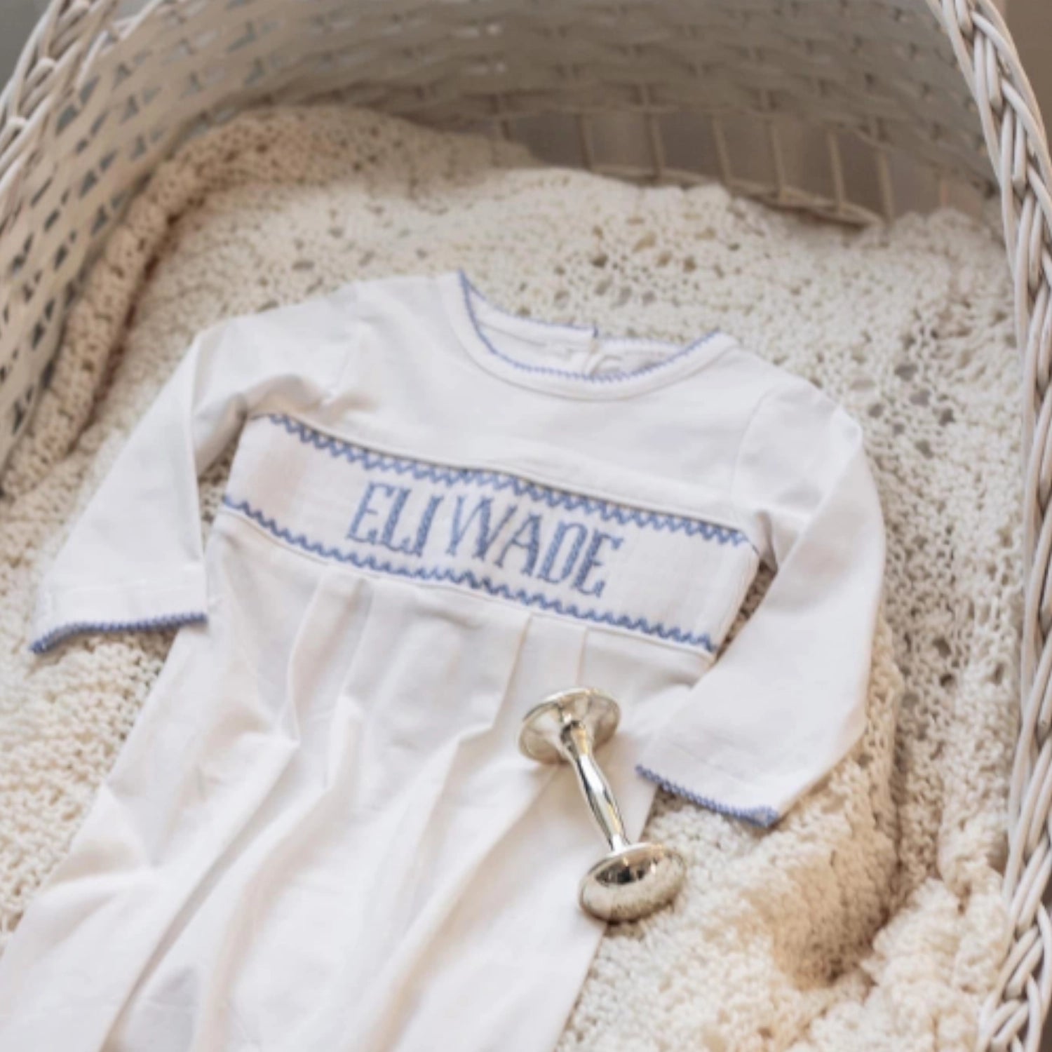Boys Blue & White Name Smocked Infant Knit Gown NB Boys Blue & White Name Smocked Infant Knit Gown NB
