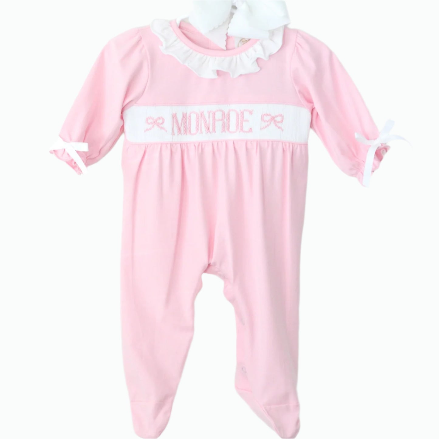 PINK KNIT BOW NAME SMOCK FOOTIE