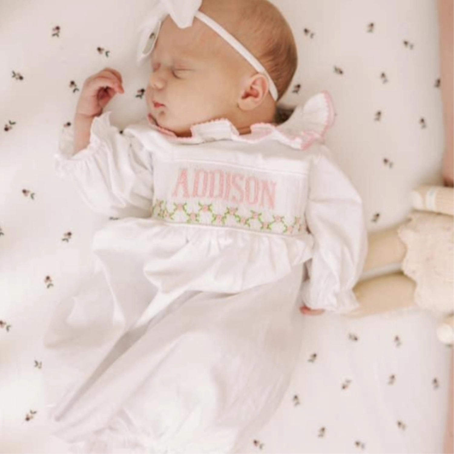 Girls Pink & White Name Smocked Infant Knit Gown NB Girls Pink & White Name Smocked Infant Knit Gown NB