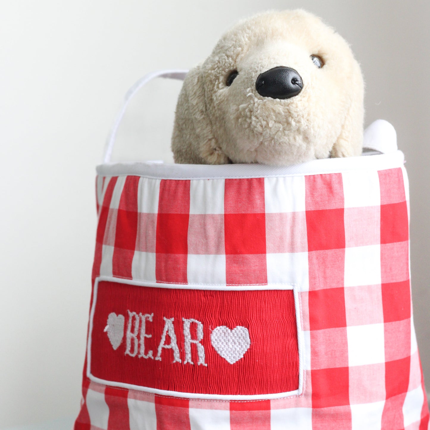 Boys Red Gingham Name Smocked Bucket