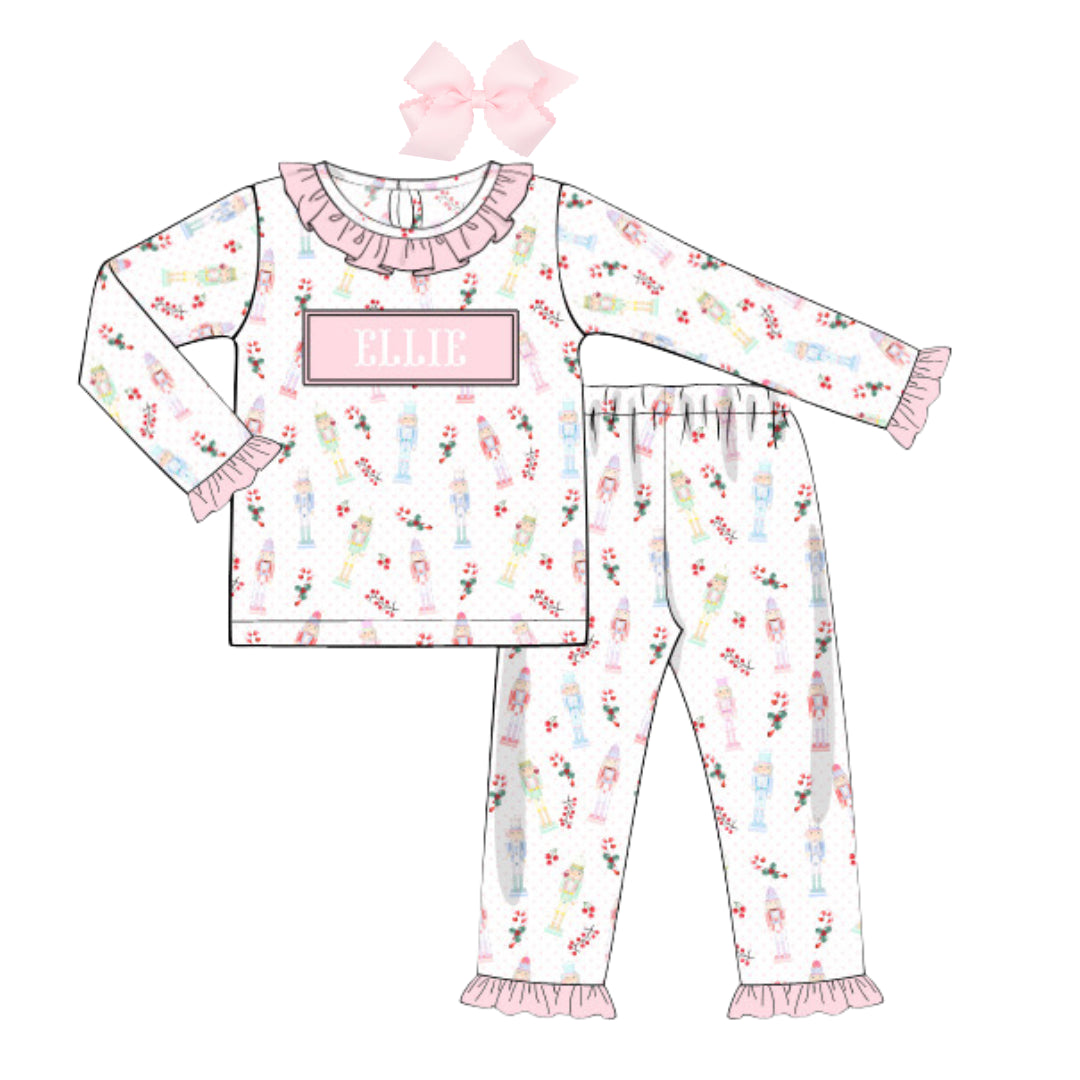 PINK NUTCRACKER 2PC NAME SMOCKED LOUNGEWEAR