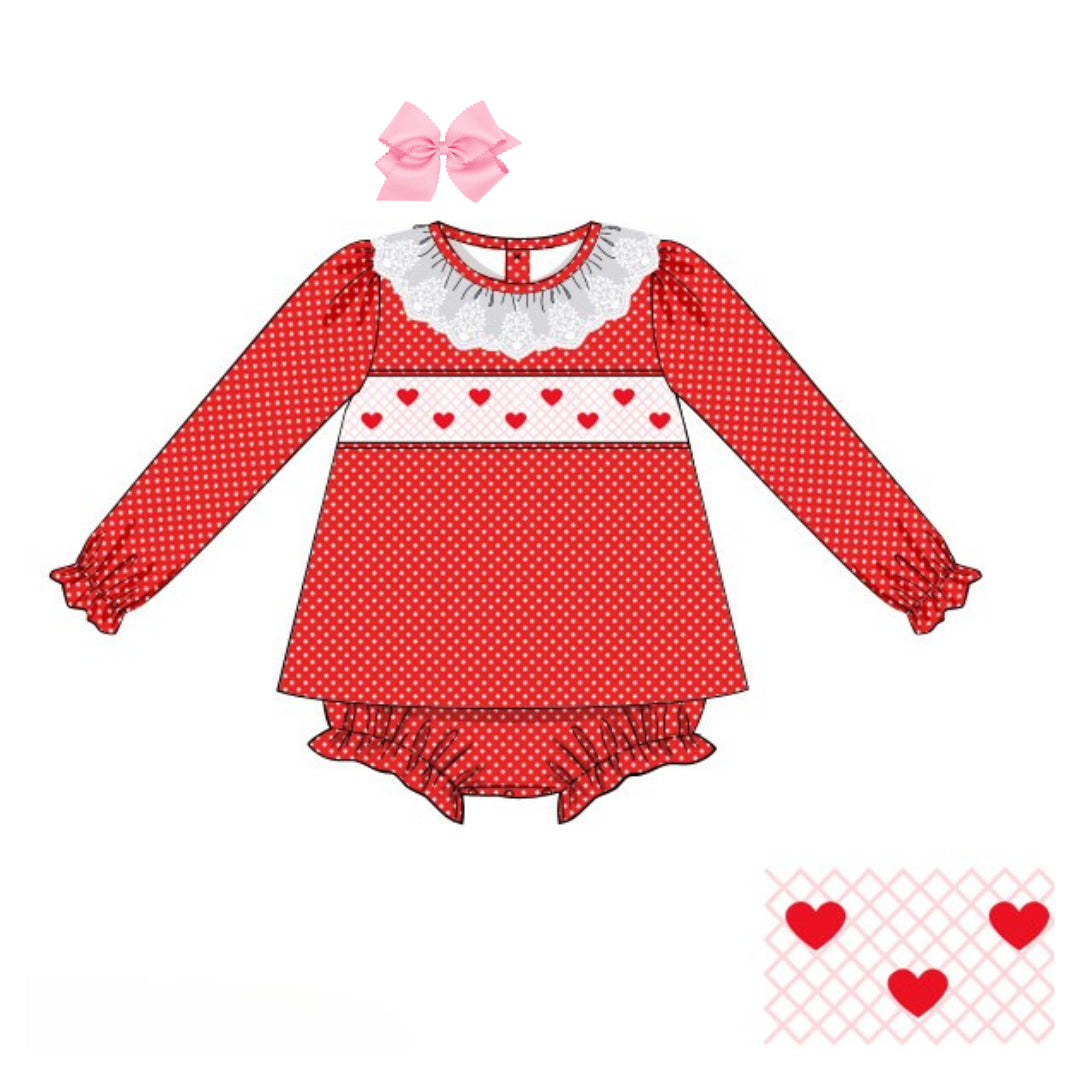 SMOCKED GEOMETRIC HEARTS POLKA DOT SKIRTED BUBBLE