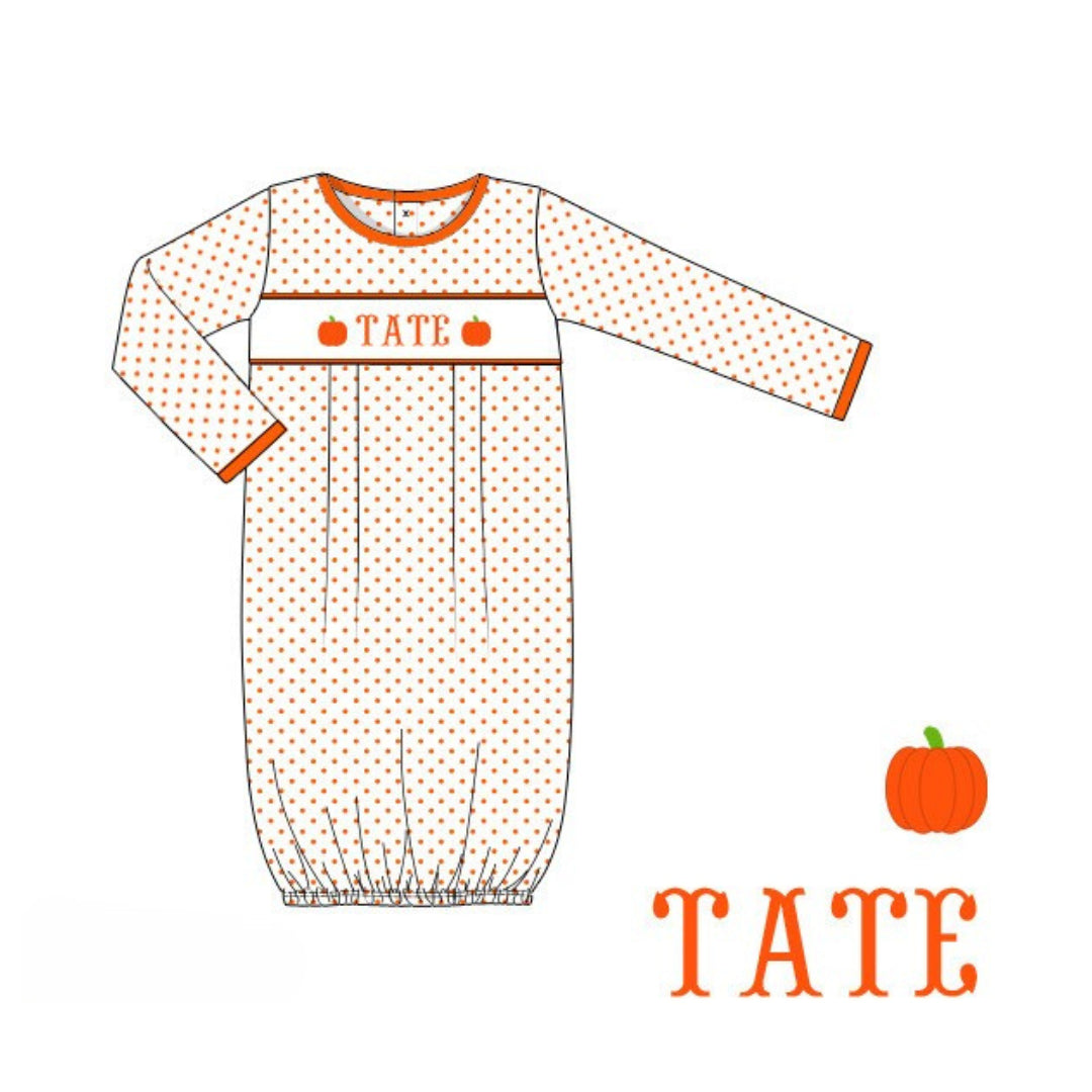 BOYS BITTY DOT PUMPKIN NAME SMOCKED GOWN
