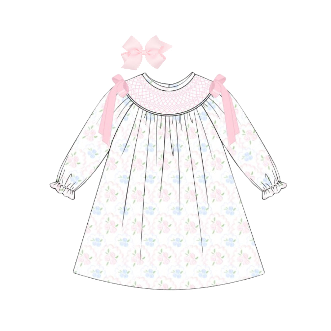 WATERCOLOR FLORAL GEOMETRIC SMOCKED BISHOP DRESS