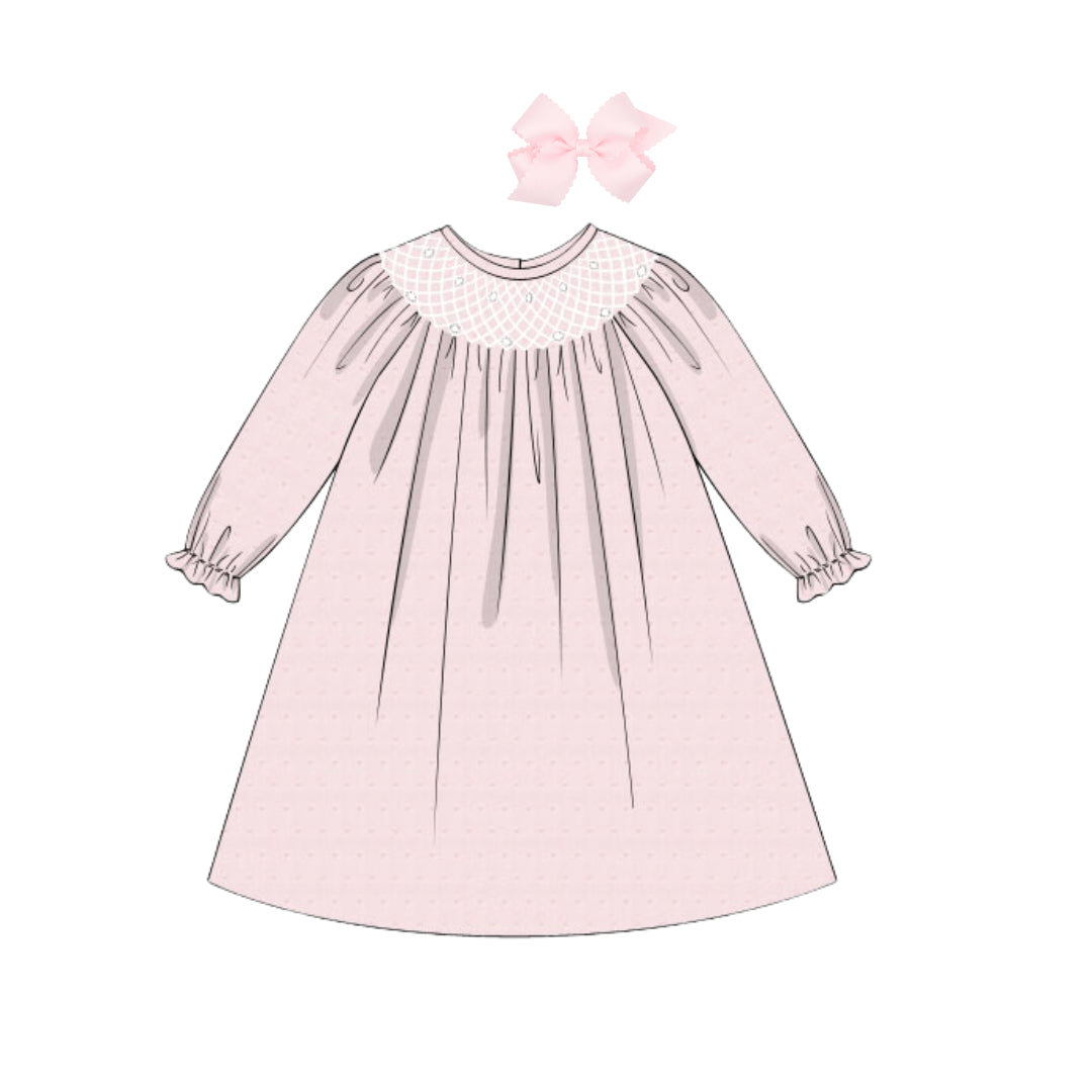 PINK SWISS DOT PEARL GEOMETRIC SMOCKED BISHOP DRESS