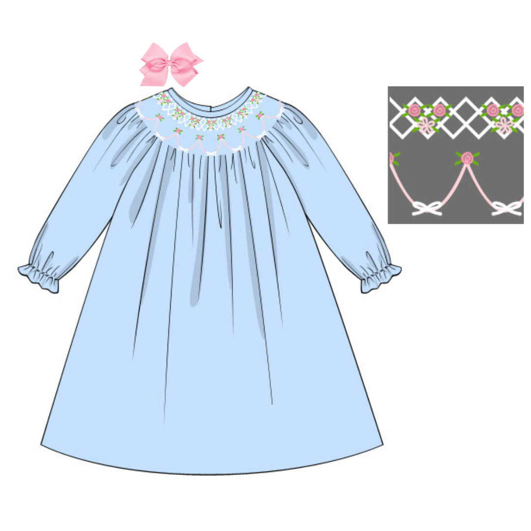 BLUE ROSETTE SMOCKED BISHOP DRESS