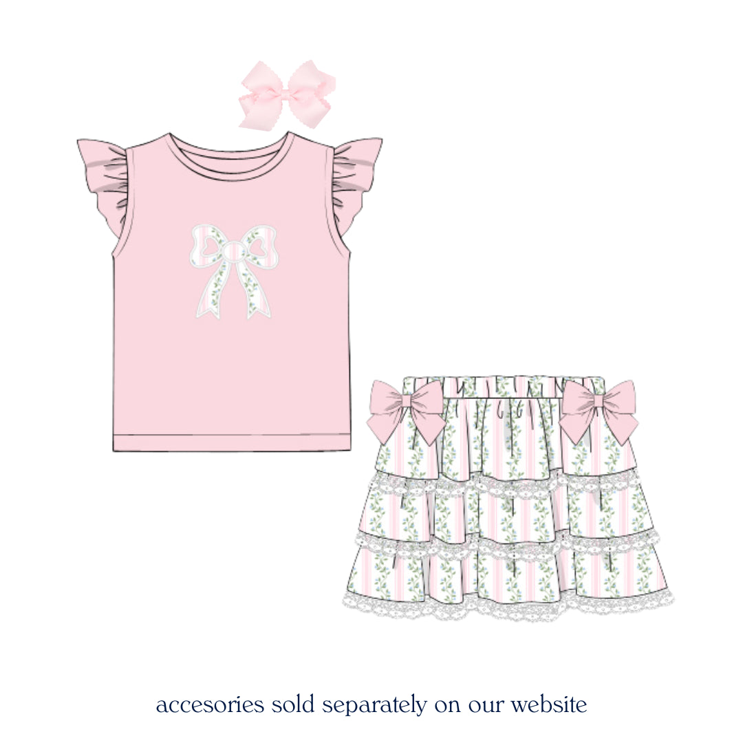 PINK VINES BOW APPLIQUE SKORT SET