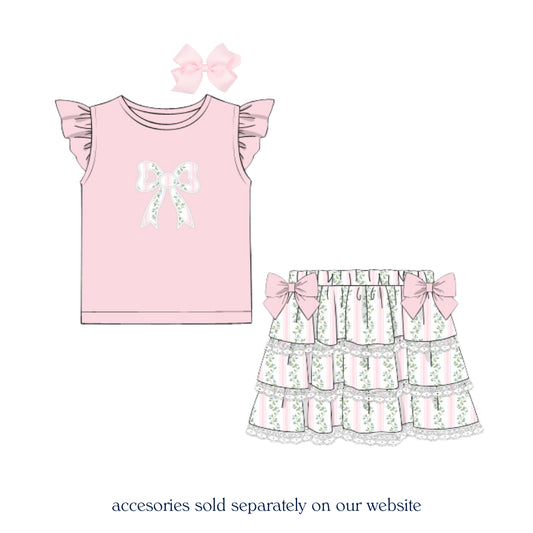 PINK VINES BOW APPLIQUE SKORT SET