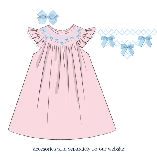 PINK & BLUE BOWS GEOMETRIC SMOCKED DRESS