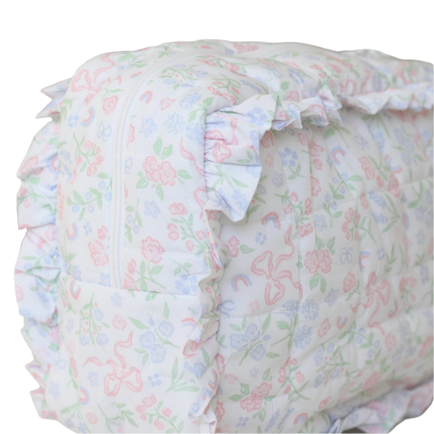 PASTEL FLORAL & BOWS LARGE RUFFLE ZIPPERED POUCH