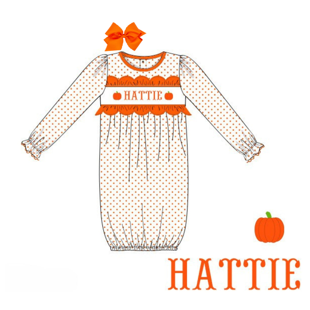 GIRLS BITTY DOT PUMPKIN NAME SMOCKED GOWN