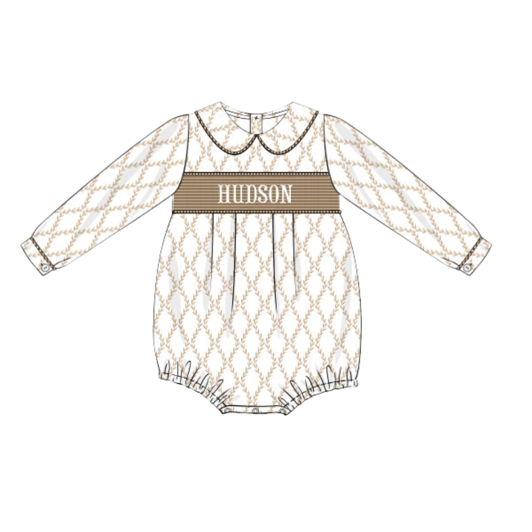 BOYS BROWN TRELLIS & GINGHAM NAME SMOCK BUBBLE