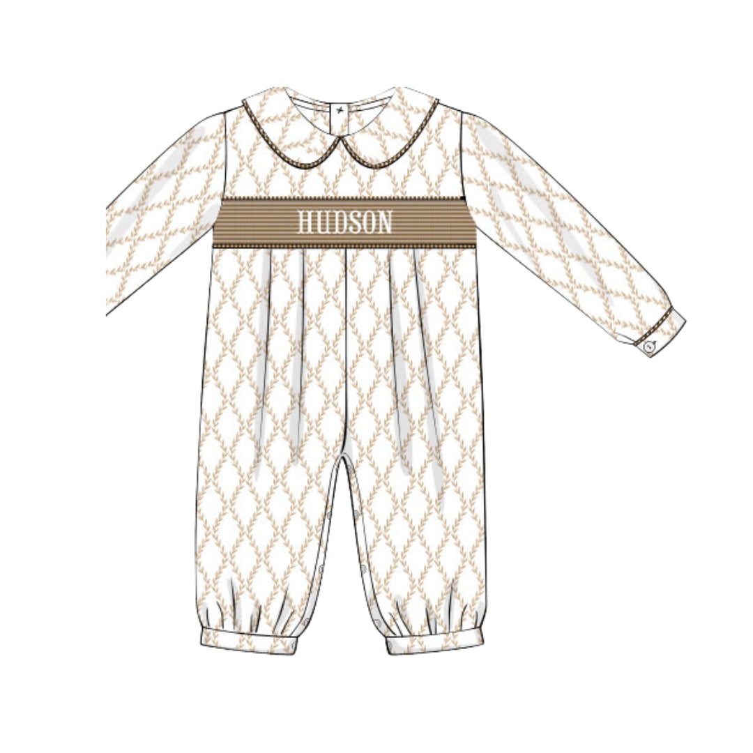 BOYS BROWN TRELLIS & GINGHAM NAME SMOCK ROMPER