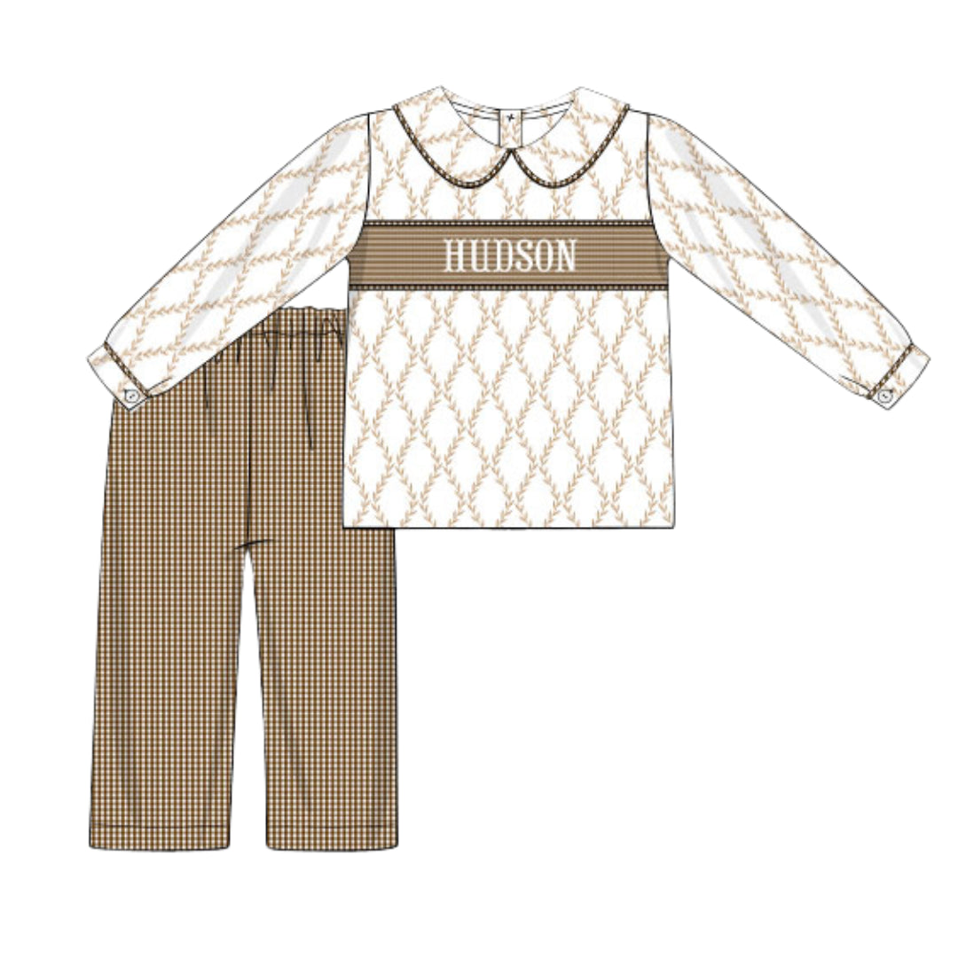 BOYS BROWN TRELLIS & GINGHAM NAME SMOCK PANT SET