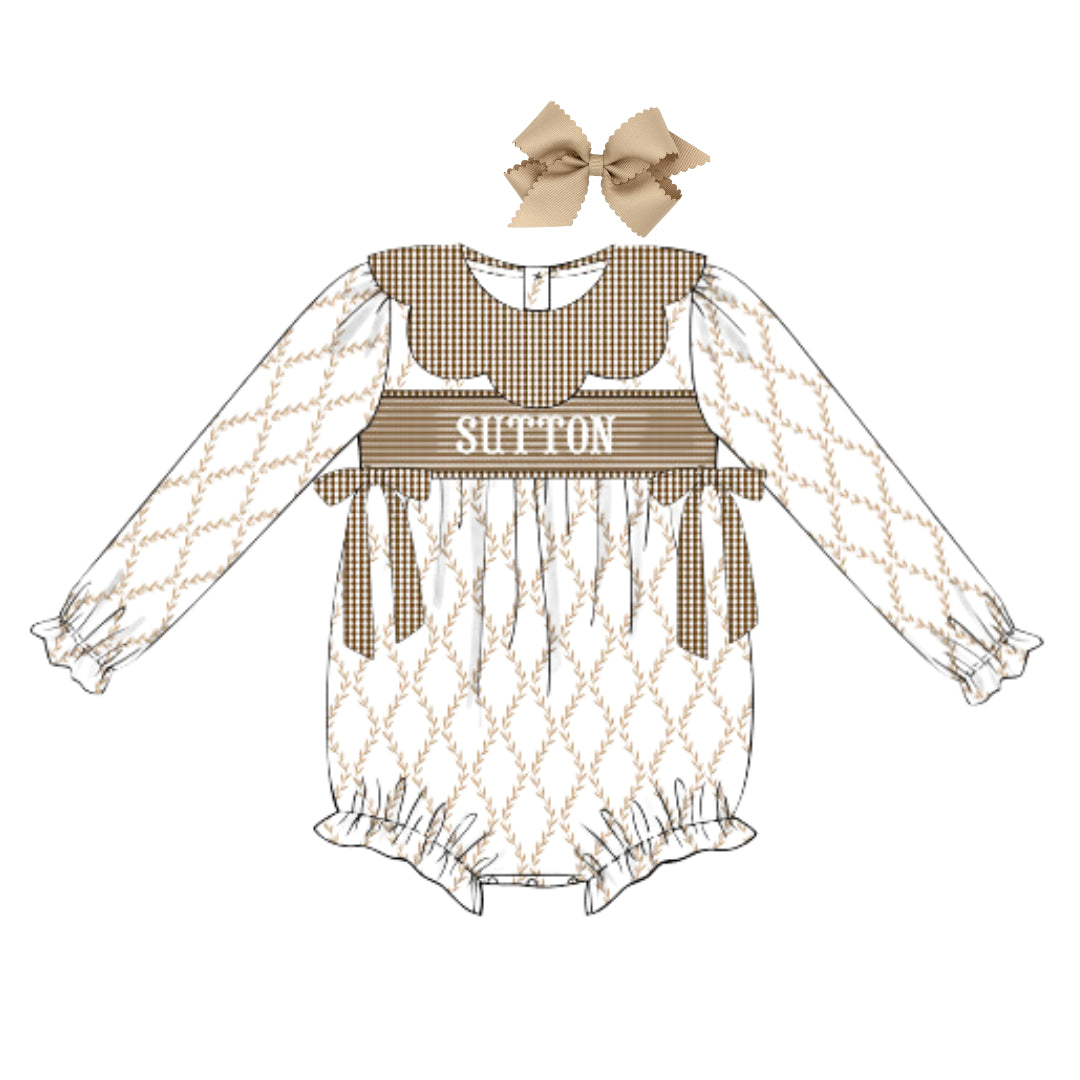 GIRLS BROWN TRELLIS & GINGHAM NAME SMOCK BUBBLE