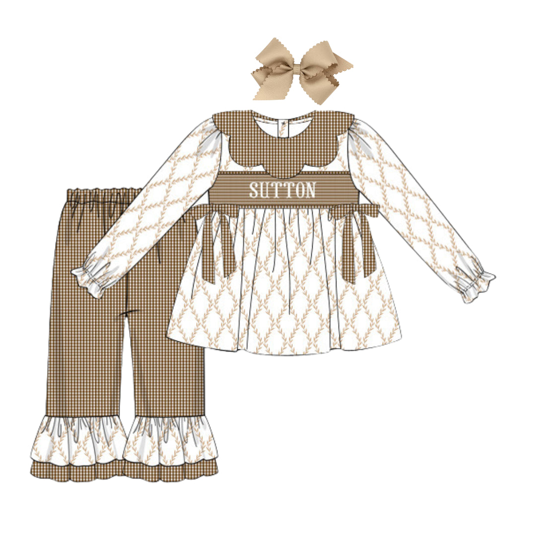 GIRLS BROWN TRELLIS & GINGHAM NAME SMOCK PANT SET