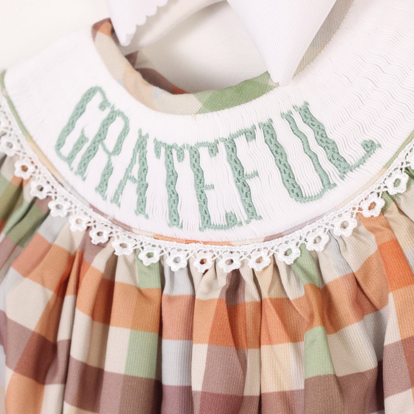 GIRLS FALL PLAID THANKFUL SMOCKED BUBBLE