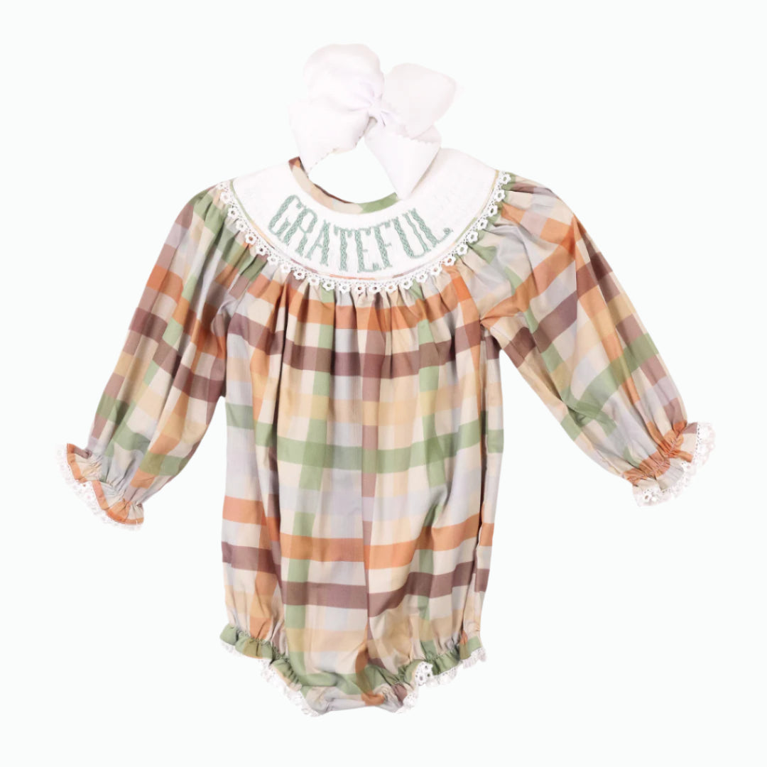 GIRLS FALL PLAID THANKFUL SMOCKED BUBBLE