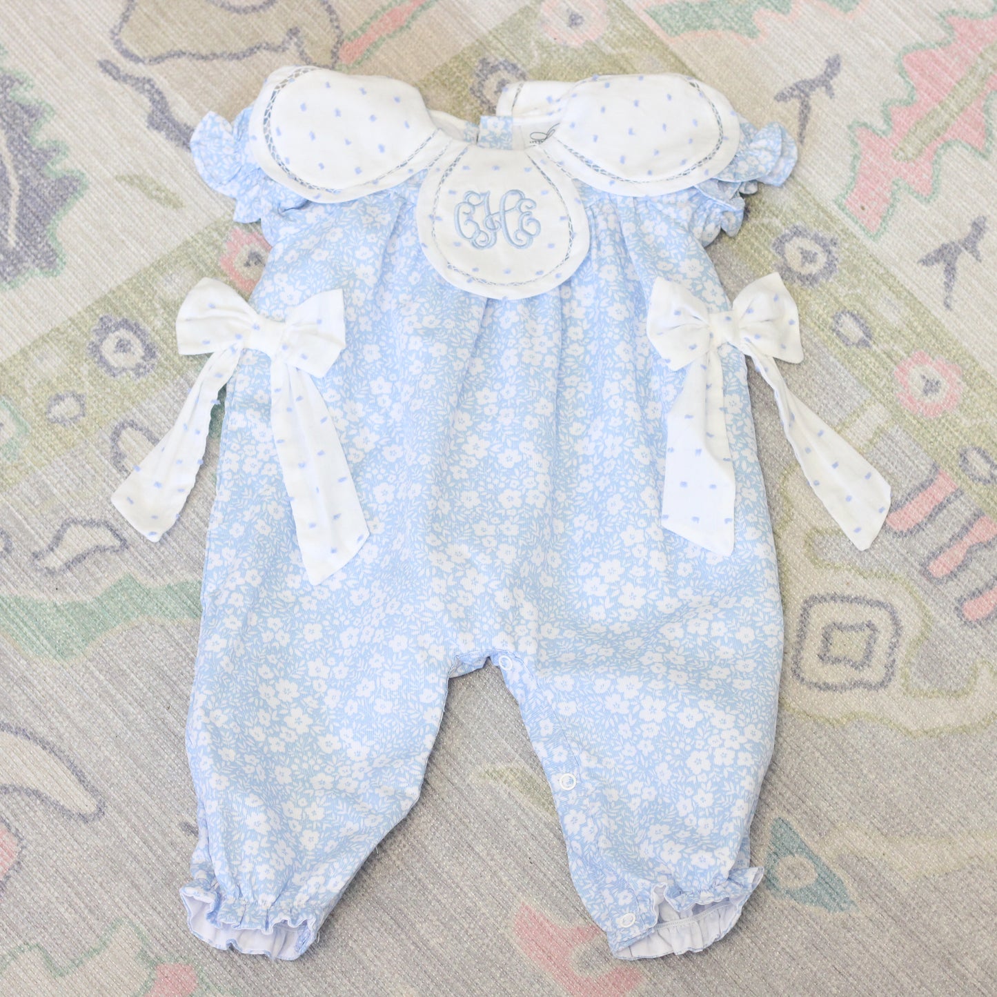 BLUE FLORAL & SWISS DOT PETAL COLLAR ROMPER