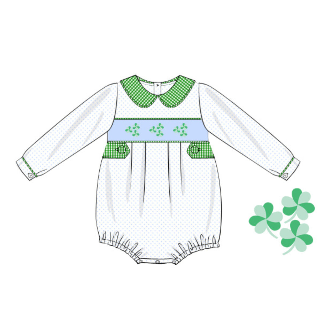 BLUE BITTY DOT SMOCKED CLOVERS BUBBLE