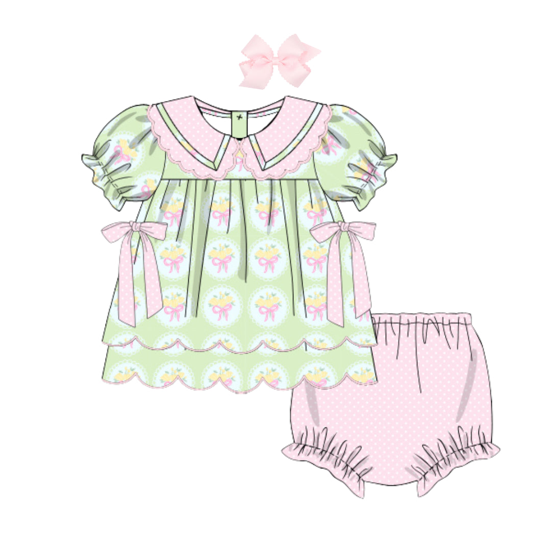 YELLOW TULIP BOUQUET SCALLOP COLLARED DIAPER SET