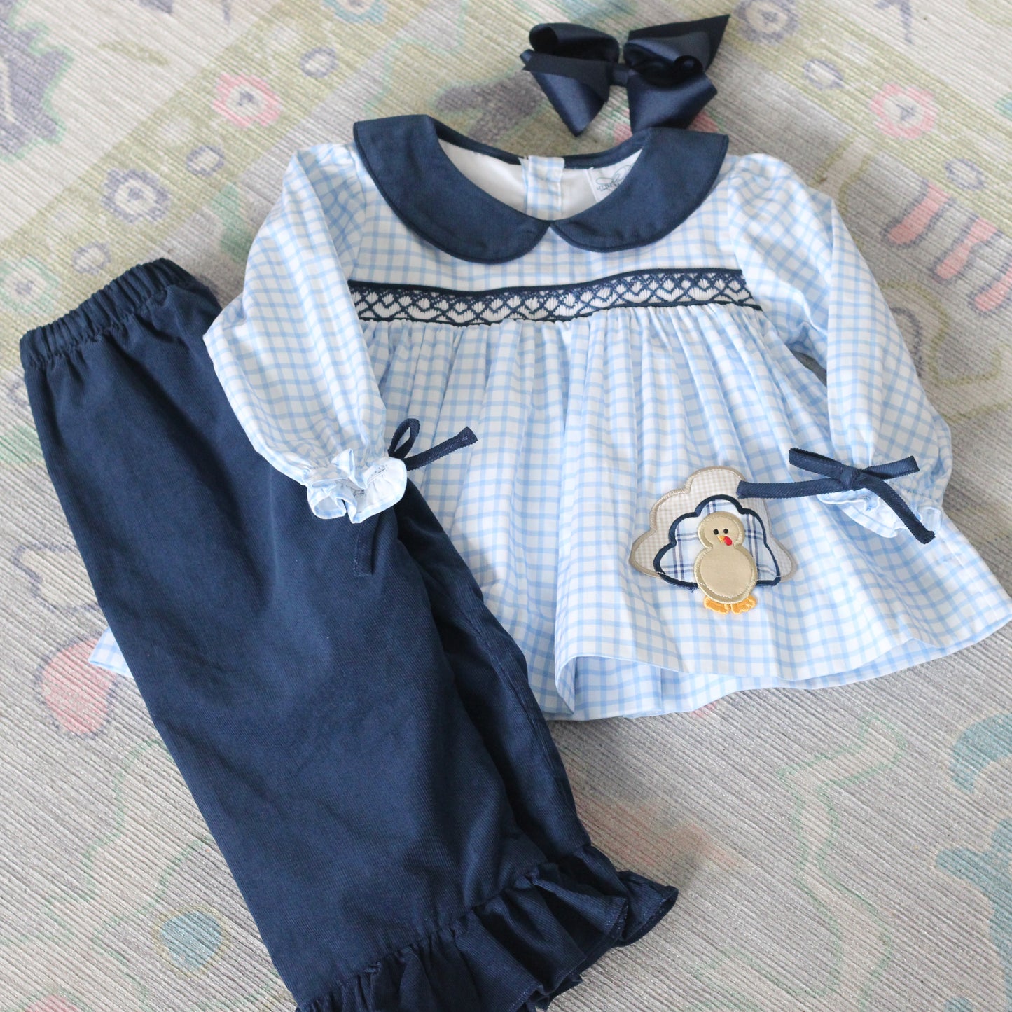 GIRLS WINDOWPANE TURKEY SMOCKED POCKET PANT SET