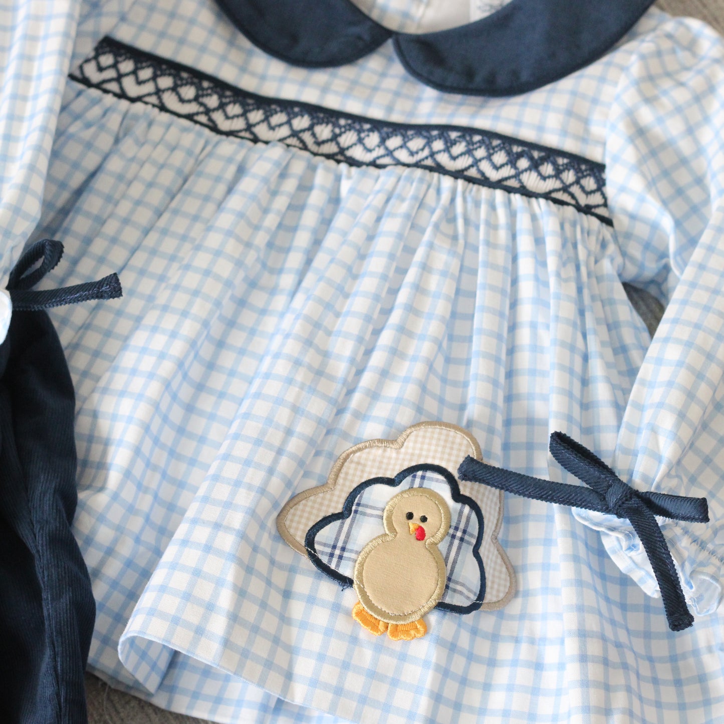 GIRLS WINDOWPANE TURKEY SMOCKED POCKET PANT SET