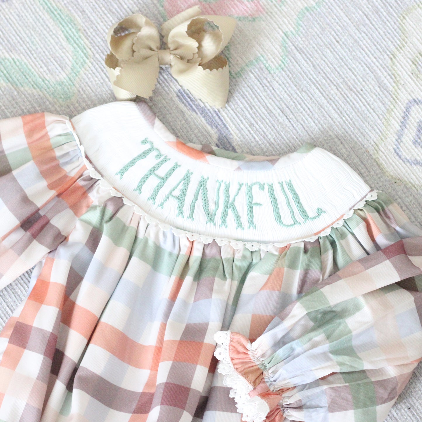 GIRLS FALL PLAID THANKFUL SMOCKED BUBBLE