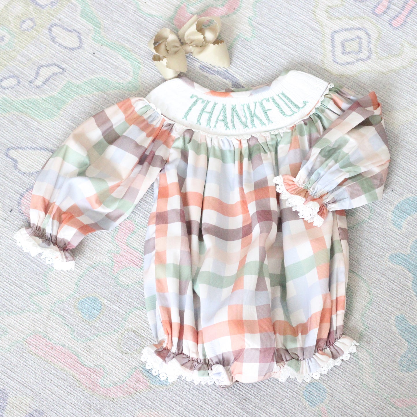 GIRLS FALL PLAID THANKFUL SMOCKED BUBBLE