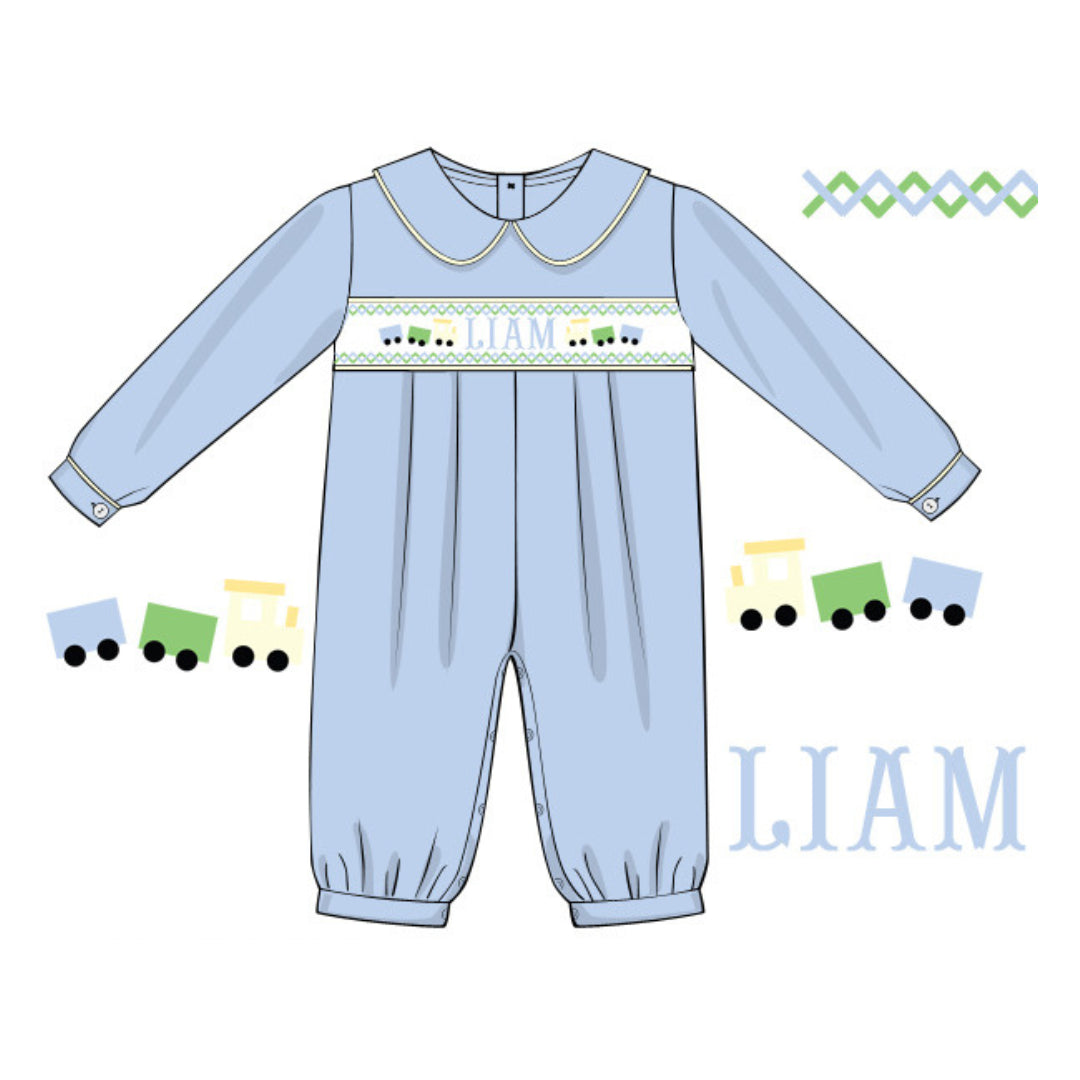 SMOCKED TRAINS NAME SMOCKED ROMPER