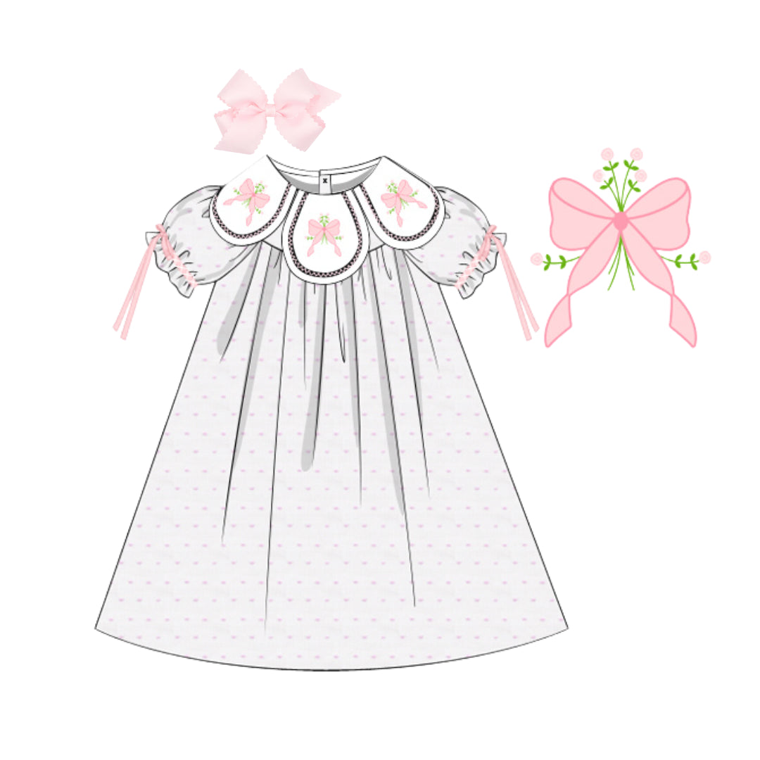 SWISS DOT SHADOW EMBROIDERED BOW PETAL COLLAR DRESS