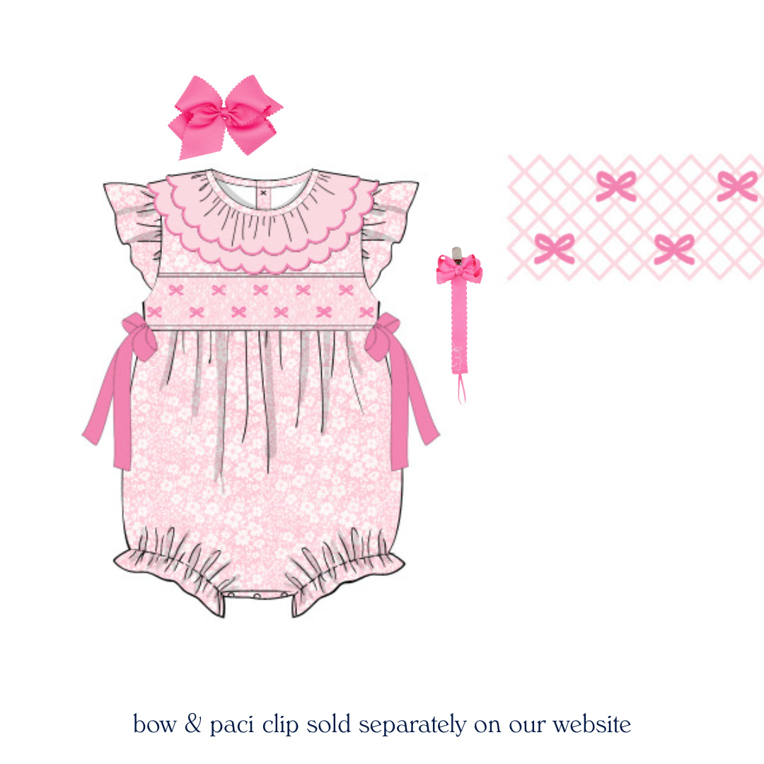 PINK FLORAL BOWS SMOCKED BUBBLE