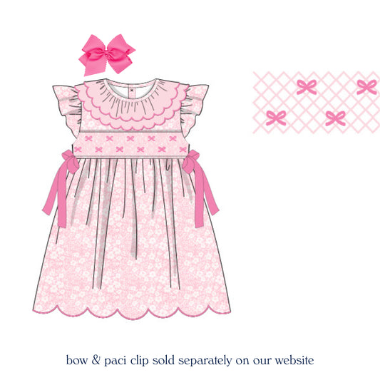 PINK FLORAL BOWS SMOCKED DRESS