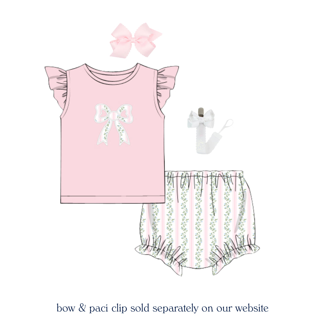 PINK VINES BOW APPLIQUE DIAPER SET