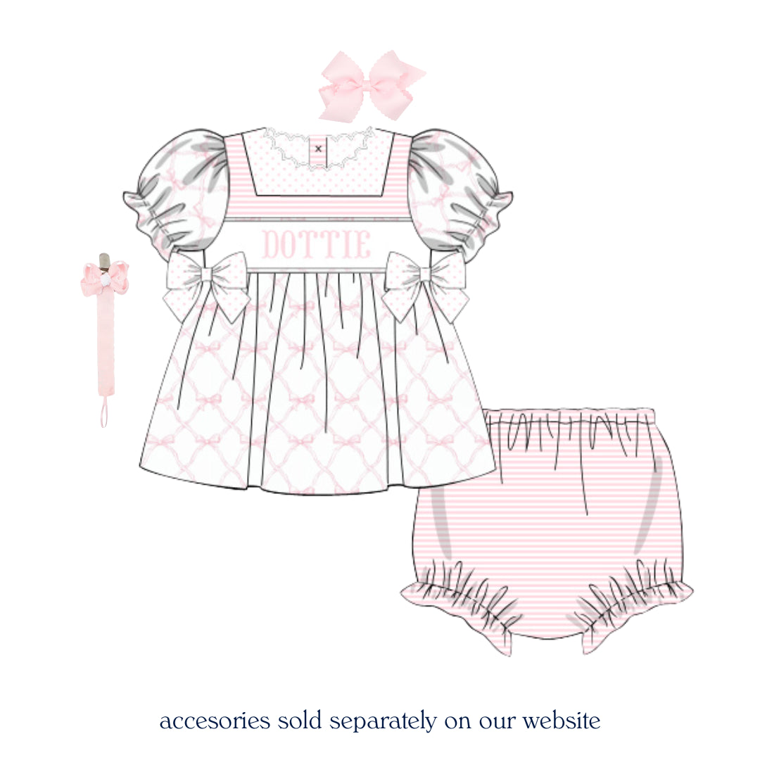 PINK BOWS & STRIPES NAME SMOCKED DIAPER SET
