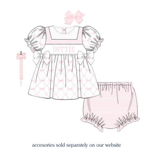 PINK BOWS & STRIPES NAME SMOCKED DIAPER SET