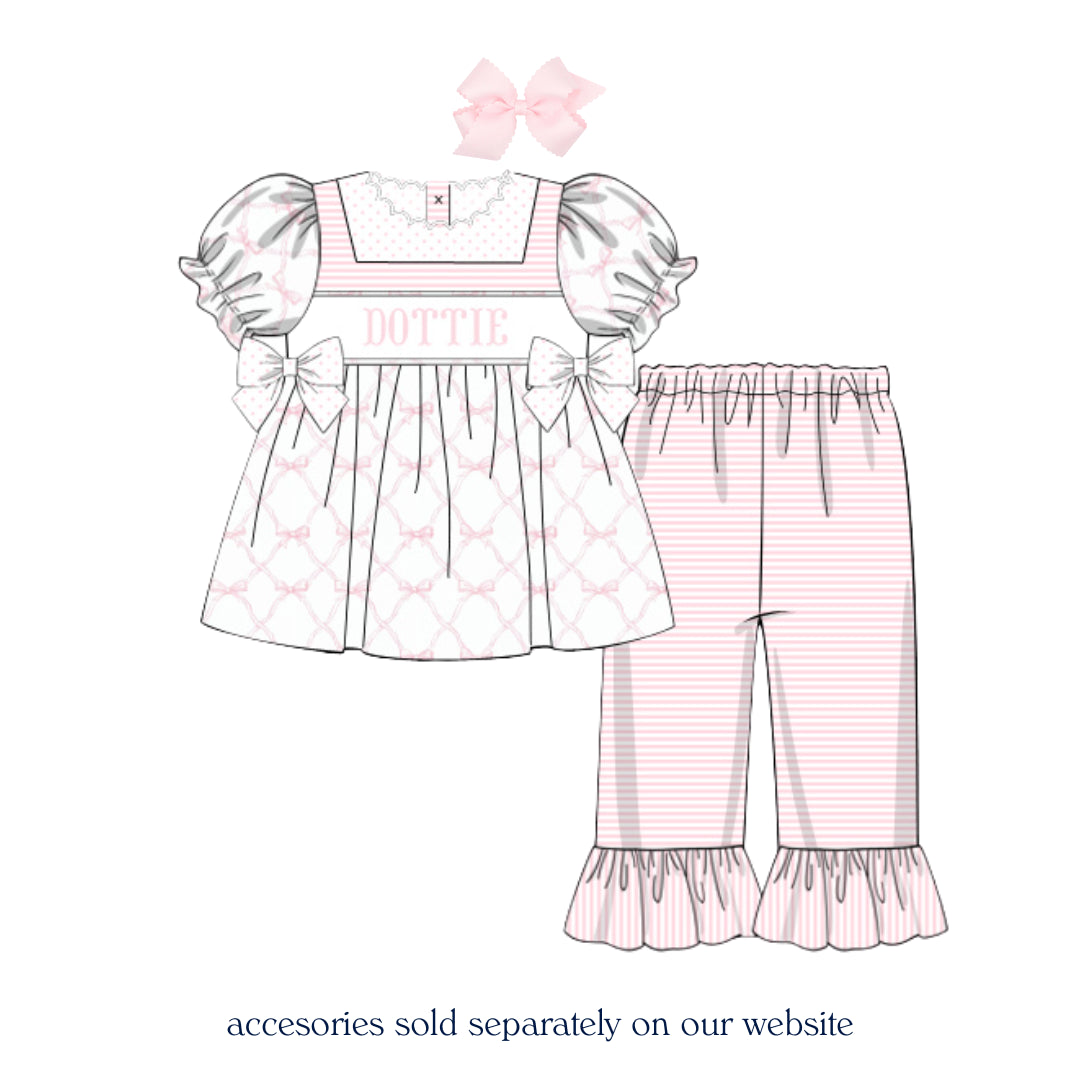PINK BOWS & STRIPES NAME SMOCKED PANT SET