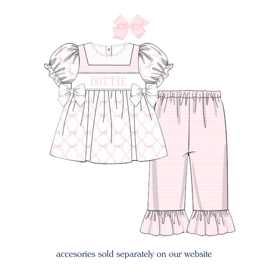 PINK BOWS & STRIPES NAME SMOCKED PANT SET