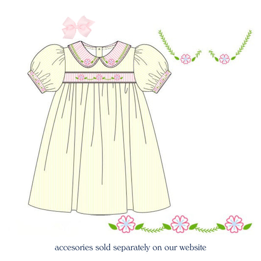 YELLOW PINSTRIPED FLORAL RIBBON DRESS