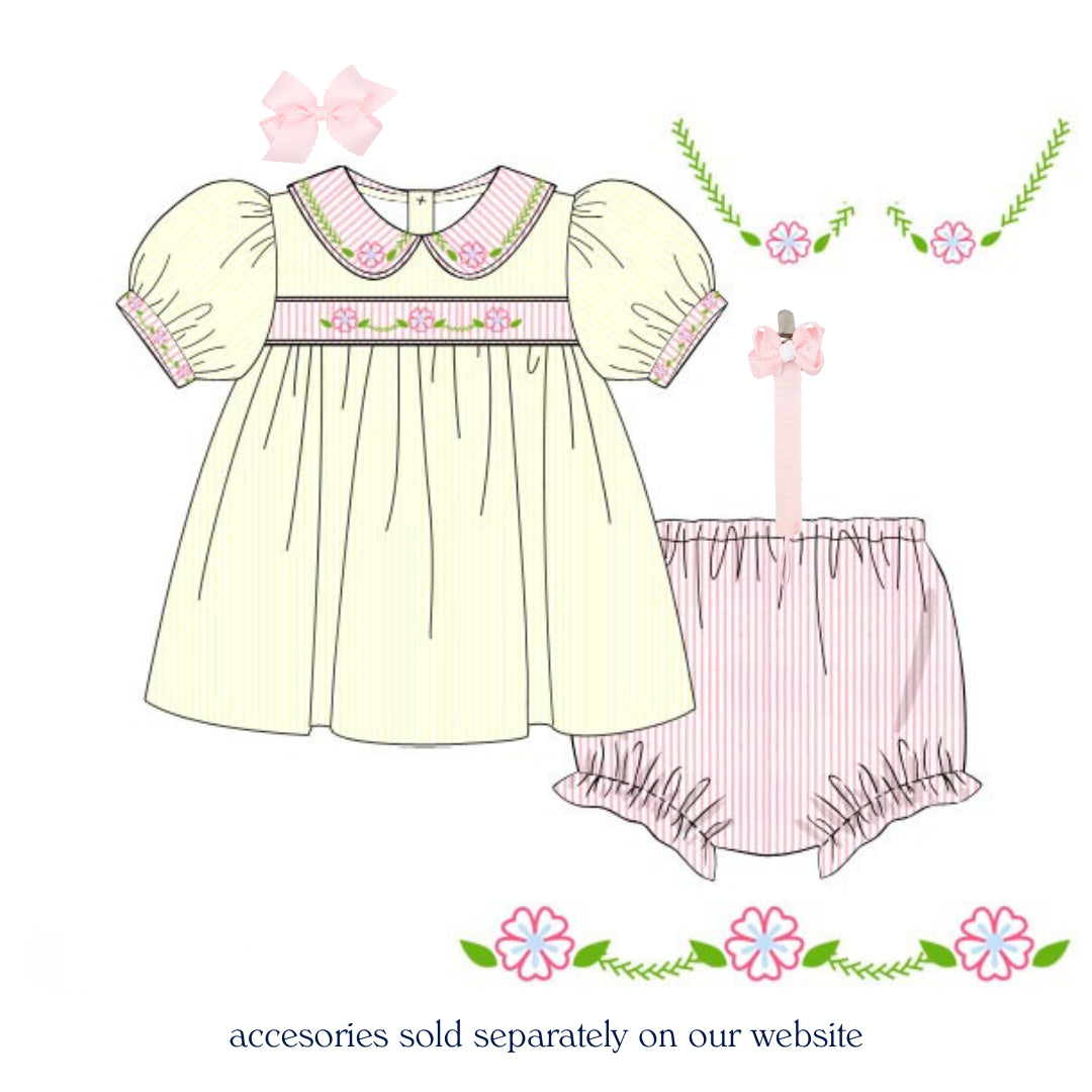 YELLOW PINSTRIPED FLORAL RIBBON DIAPER SET