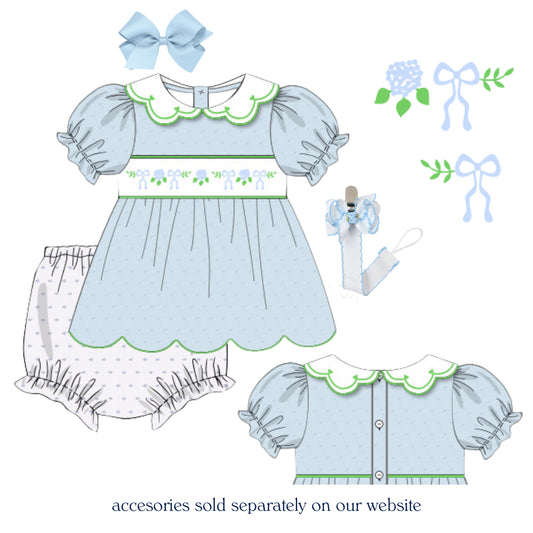 BLUE SWISS DOT SMOCKED HYDRANGEAS & BOWS DIAPER SET