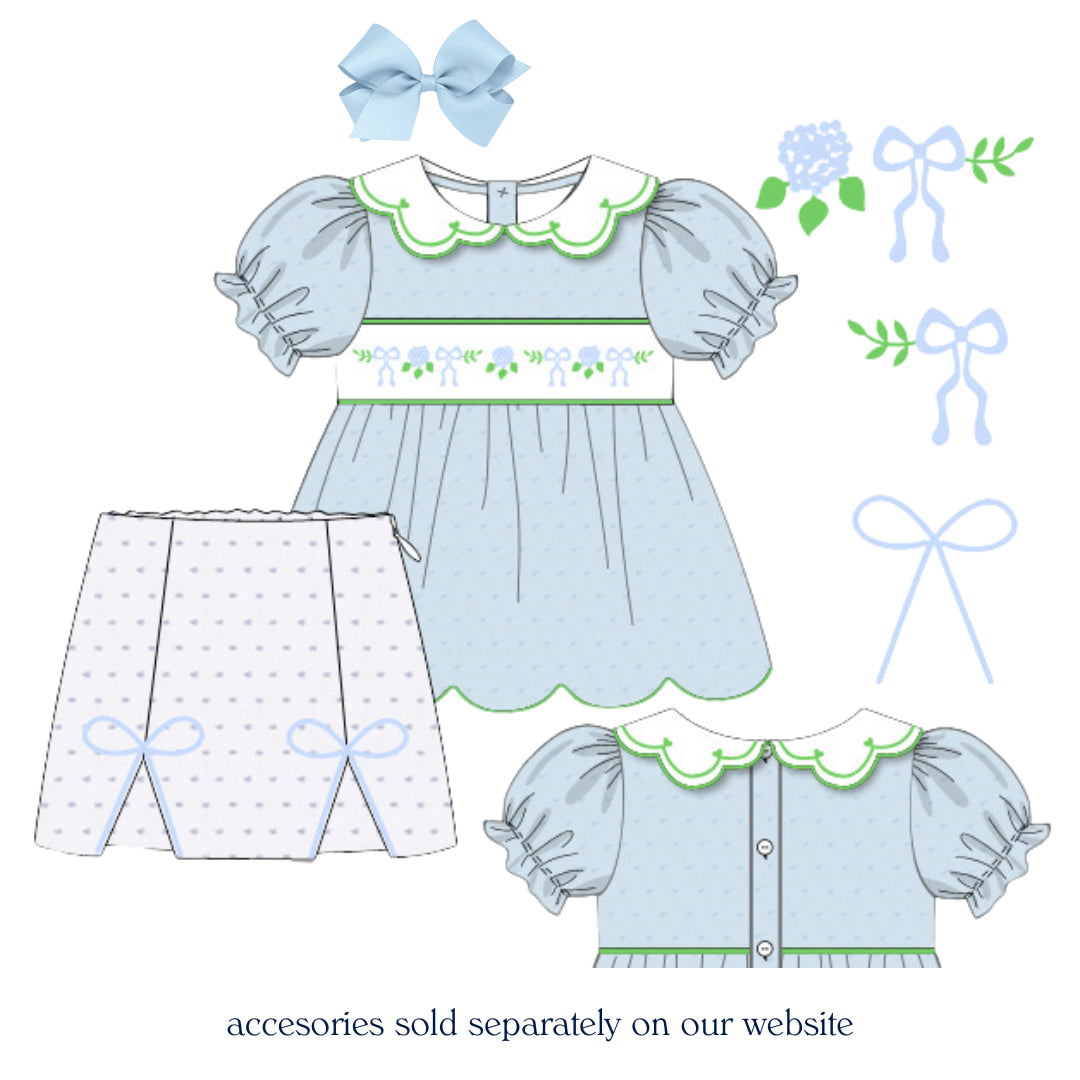 BLUE SWISS DOT SMOCKED HYDRANGEAS & BOWS SKORT SET