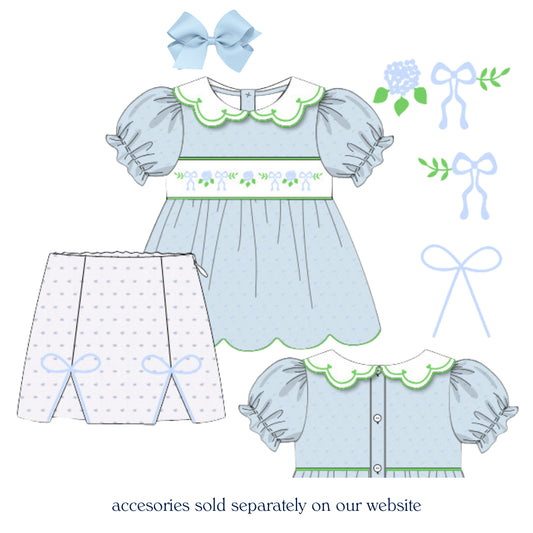 BLUE SWISS DOT SMOCKED HYDRANGEAS & BOWS SKORT SET