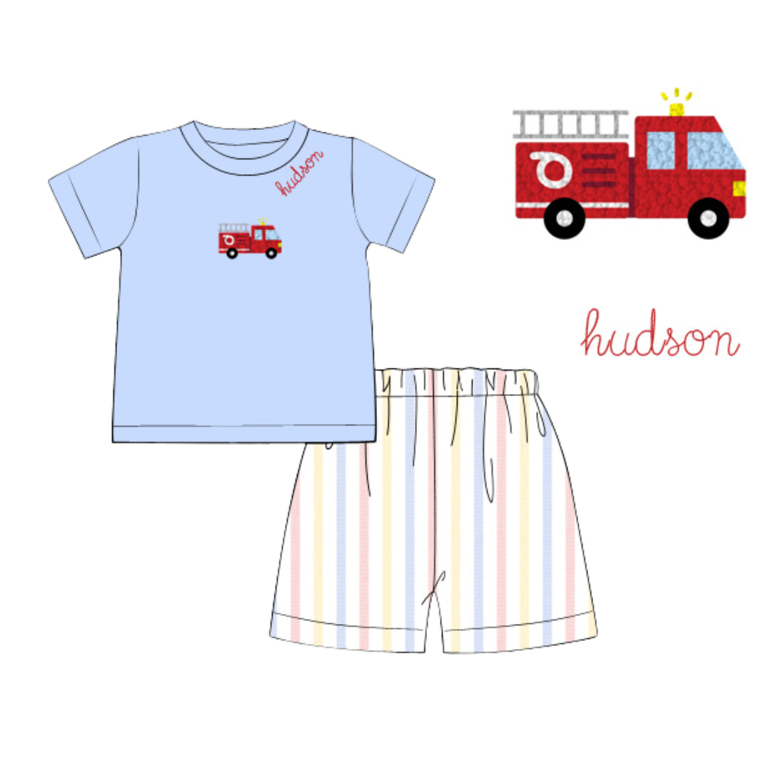 STRIPED FRENCH KNOT FIRETRUCK SHORT SET
