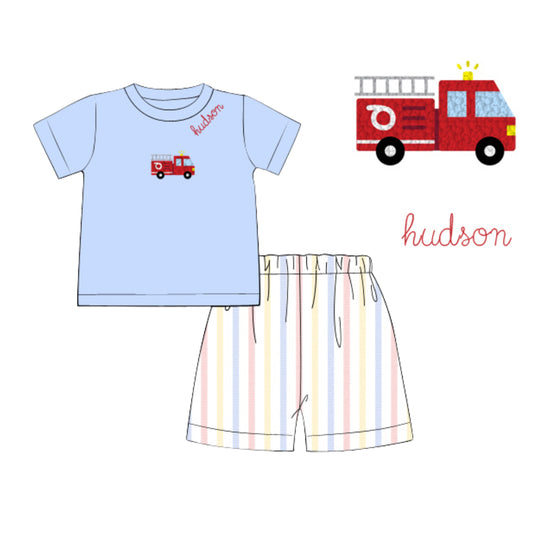 STRIPED FRENCH KNOT FIRETRUCK SHORT SET
