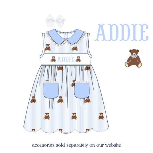 GIRLS EMBROIDERED TEDDY BEAR NAME SMOCKED DRESS