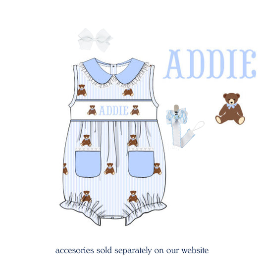 GIRLS EMBROIDERED TEDDY BEAR NAME SMOCKED BUBBLE