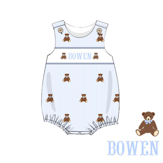 BOYS EMBROIDERED TEDDY BEAR NAME SMOCKED BUBBLE