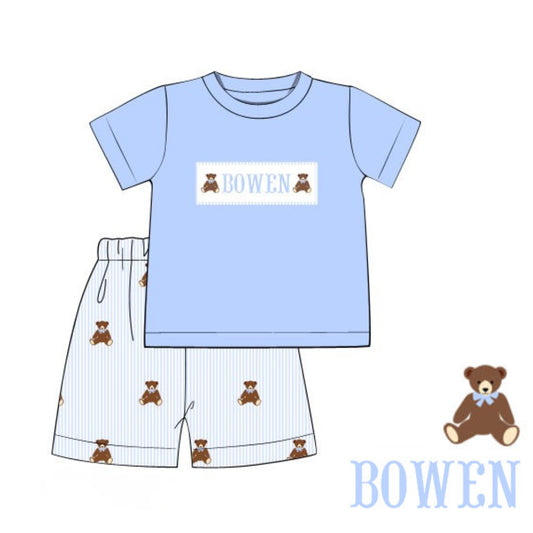 BOYS EMBROIDERED TEDDY BEAR NAME SMOCKED SHORT SET